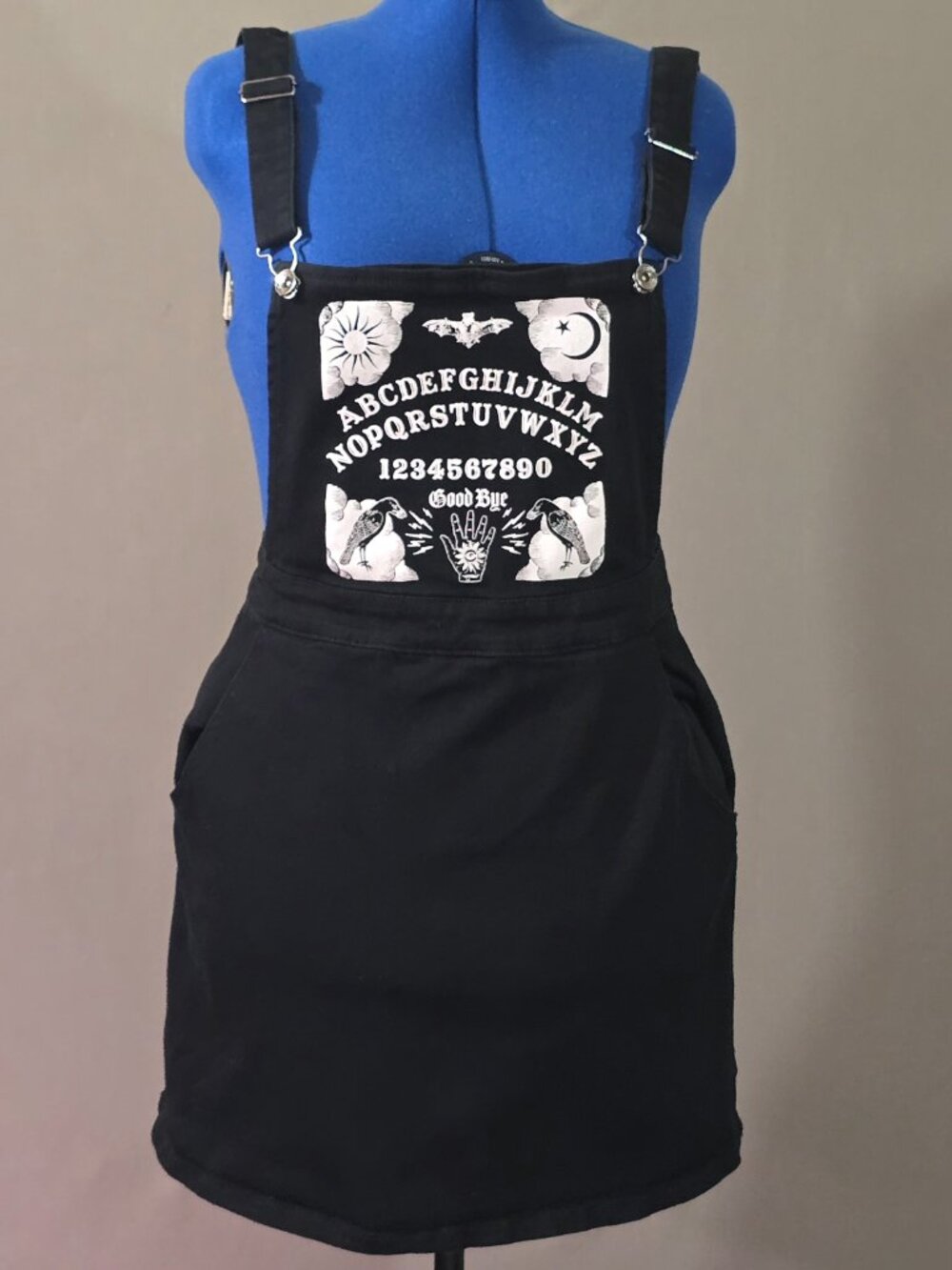 Hot Topic Ouija Spirit Board Denim Jumper Dress Goth Bib Skirt L Womens Preowned